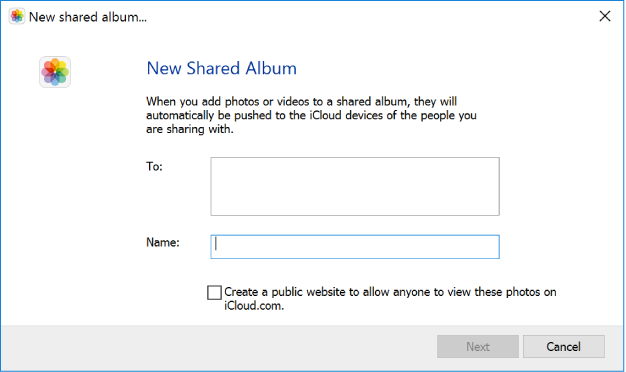 A janela Novo álbum partilhado num computador Windows.