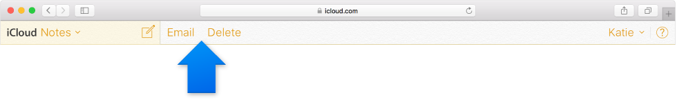 A janela Notas em iCloud.com, caso não esteja a utilizar as notas atualizadas, com os botões E‑mail e Apagar na barra de ferramentas.