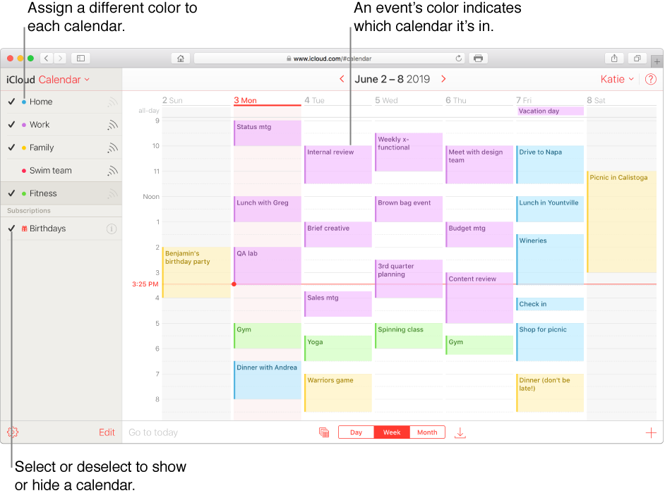 Fönstret iCloud Kalender, med flera kalendrar synliga. Tilldela olika färger till varje kalender. Färgen på en händelse visar vilken kalender den befinner sig i. Markera eller avmarkera för att visa eller dölja en kalender.