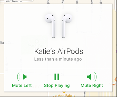 AirPods Bilgi penceresindeki Sesi Kapat (Sol), Çalmayı Durdur ve Sesi Kapat (Sağ) düğmeleri.