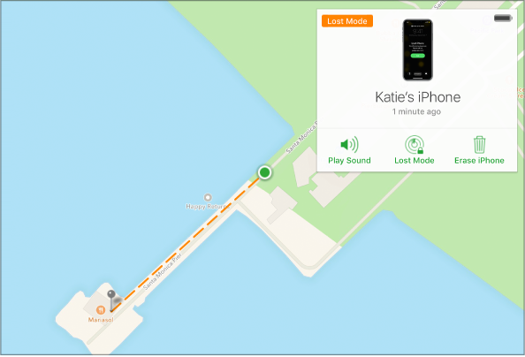 Відстеження пристрою в режимі втрати на карті програми «Знайти iPhone».
