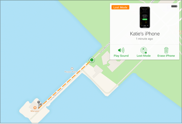 “查找我的 iPhone”地图上的“丢失模式”追踪。