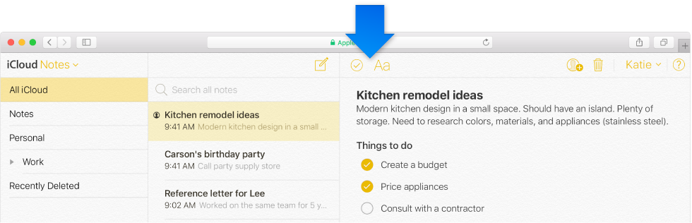 iCloud.com 上升级版备忘录的“备忘录”窗口，左侧有一个文件夹列表，工具栏中有“清单”按钮和“格式”按钮。