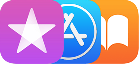 iTunes Store、App Store 和 Apple Books 图标。