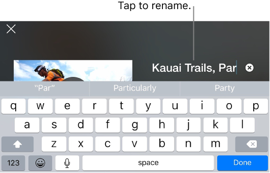 A project title being edited, with the keyboard shown below.