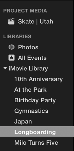 Event selected in Libraries list