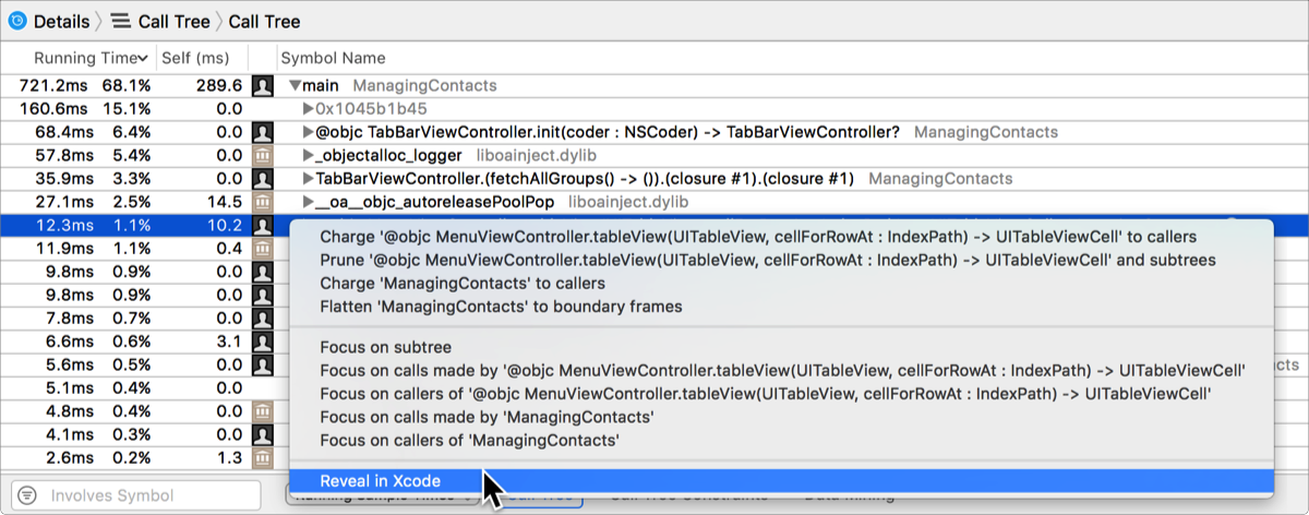 Screenshot showing the popover for opening the user symbol in Xcode