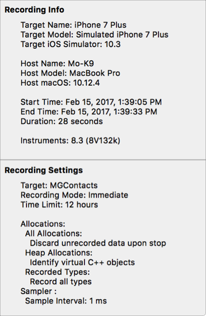 A screenshot of the run information area of the detail pain inspector showing the recording information and recording settings for the current recording.