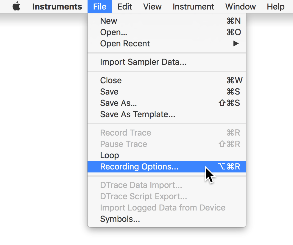 A screenshot of the File menu with Record Options selected.