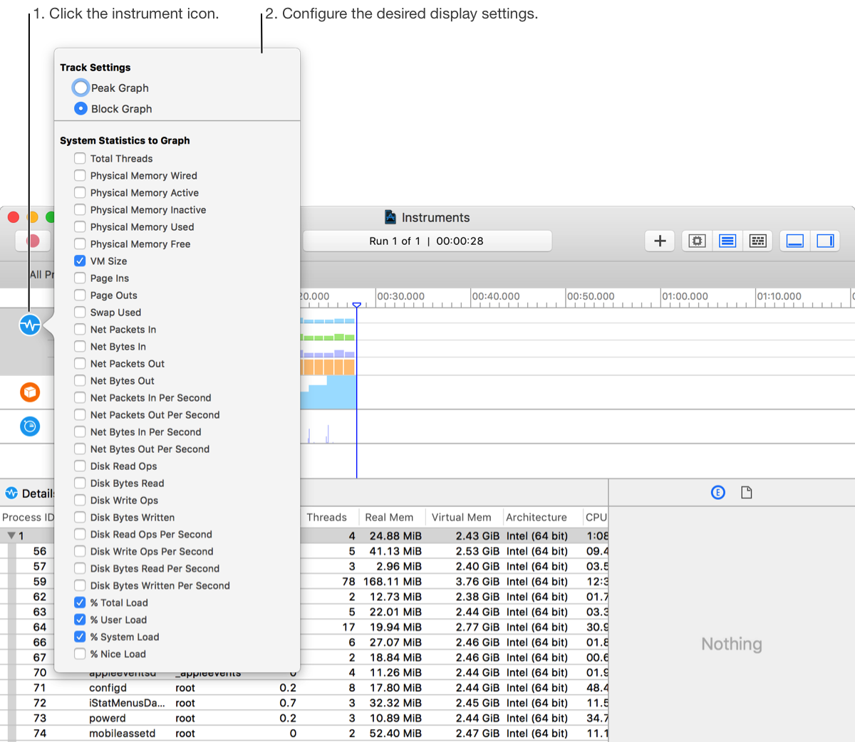 A screenshot showing a trace document with the display configuration popover for the activity monitor instrument.