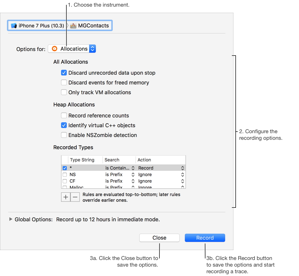 A screenshot that shows the recording options dialog for the Allocations instrument.