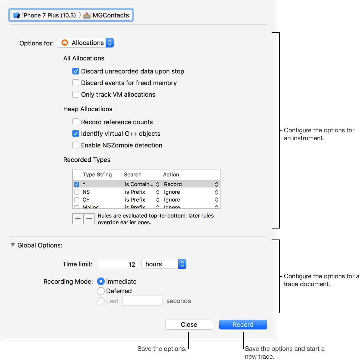 A screenshot showing the record options dialog. The Allocations instrument is selected and the global options area is expanded.