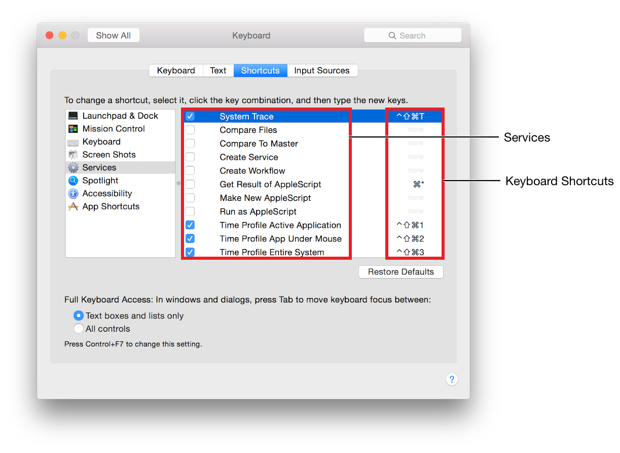 The Keyboard > Shortcuts > Services pane in System Preferences