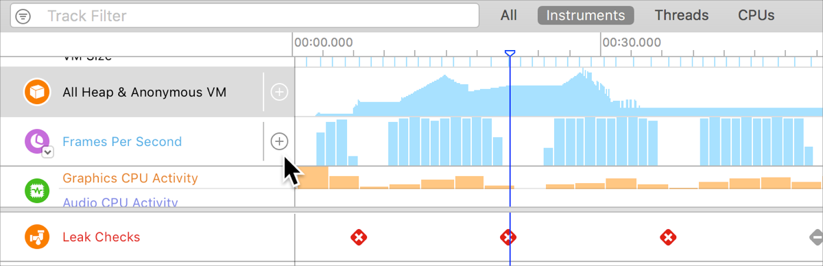 Screenshot showing the timeline pane with the mouse over the Frames Per Second instrument that shows the pin button.