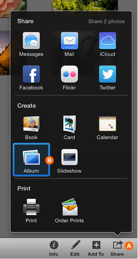 Image of Create button and Album option in pop-up menu