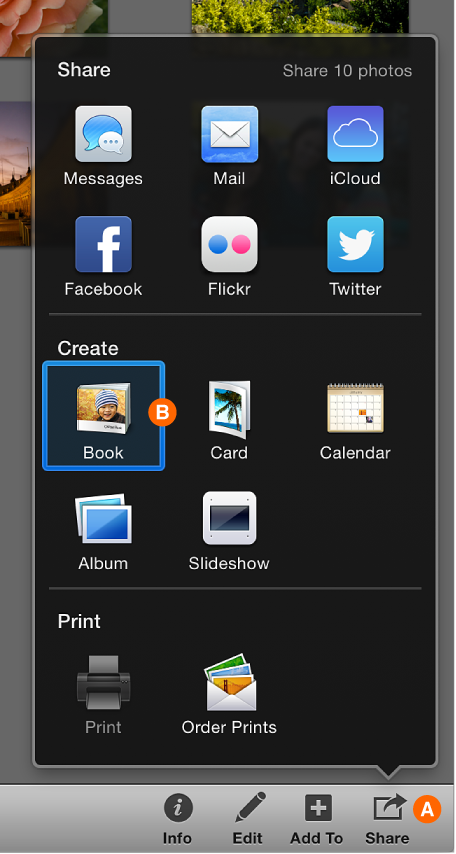Image of Create button and Book option in pop-up menu