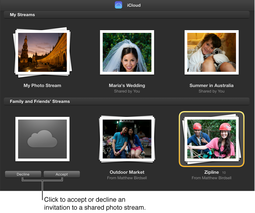 Photo Stream invitation buttons