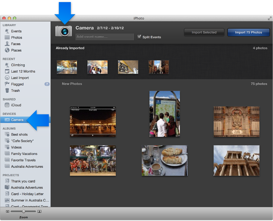 Image of import view with a camera connected