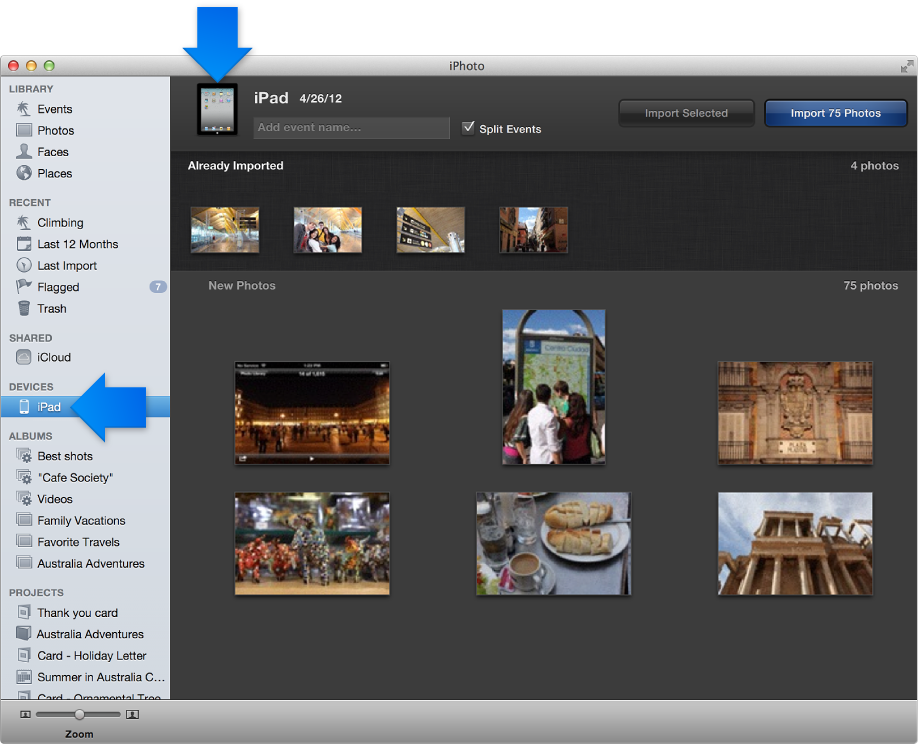 Image of import view with an iPad connected
