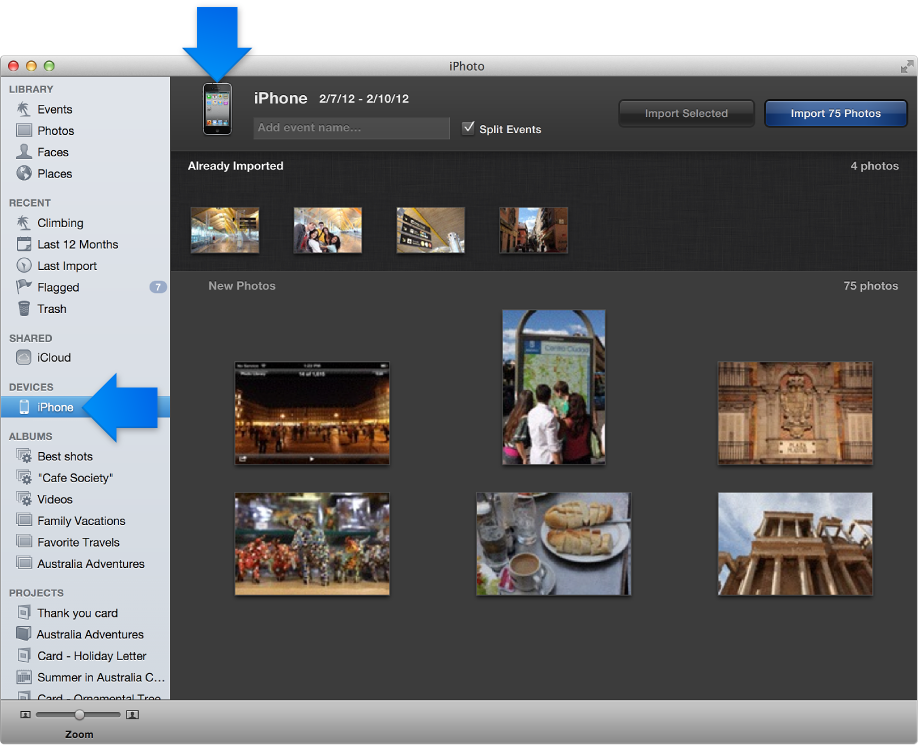 Image of import view with an iPhone connected