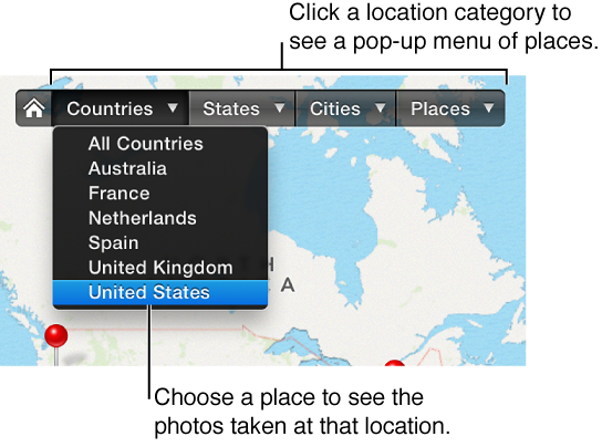 Image of category buttons and pop-up menus for Places