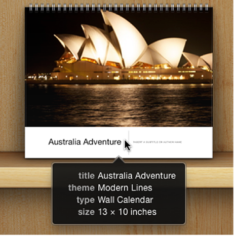 Image showing the title, theme, type, and size information that appears when the pointer is positioned over a calendar