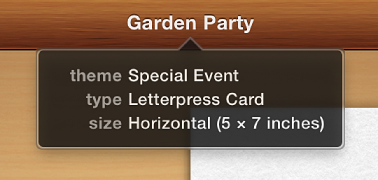 Image showing the theme, type, and size information that appears when the pointer is positioned over a card name