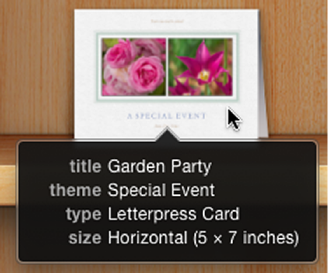 Image showing the title, theme, type, and size information that appears when the pointer is positioned over a card