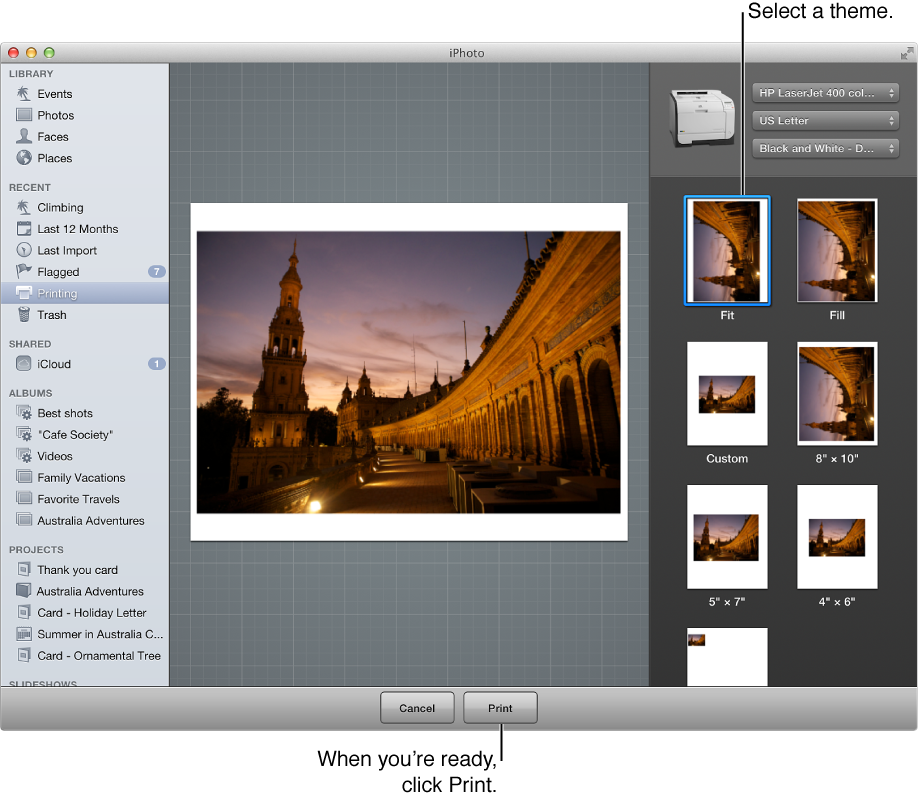 Image of the options, showing the print themes
