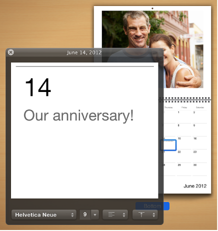 Image of the date window, showing a text field and formatting tools