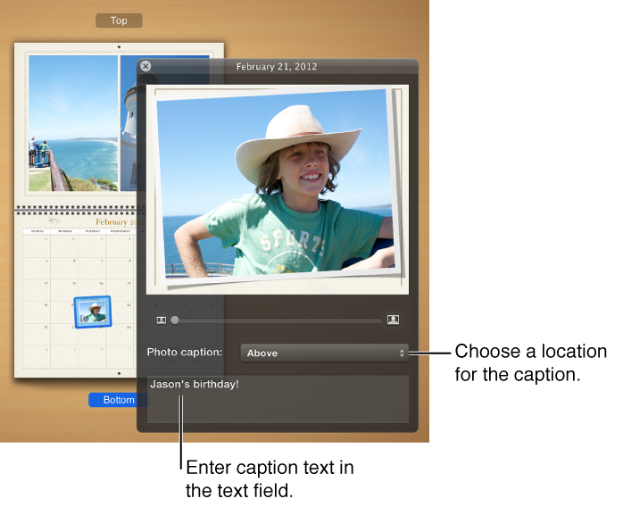 Image of the date window, showing the photo in the date cell, the "Photo caption" pop-up menu, and the text field