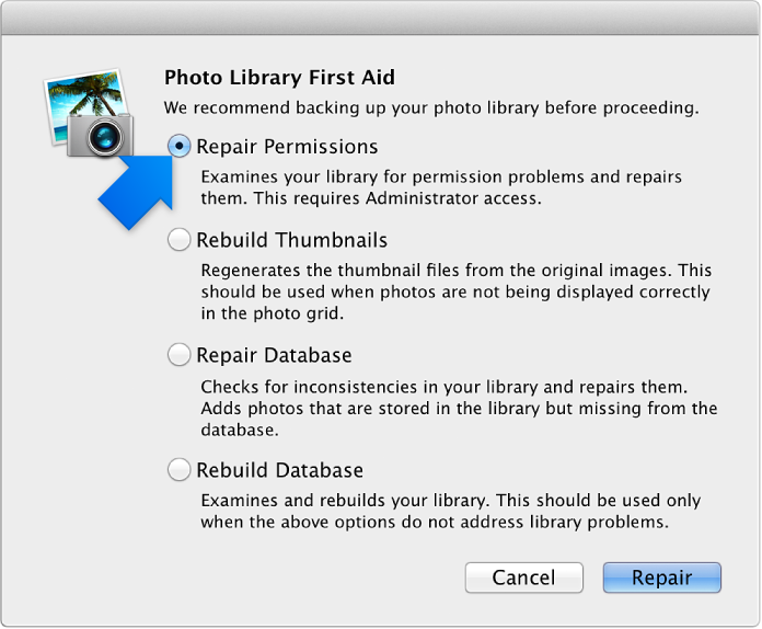 Image of Rebuild Photo Library window