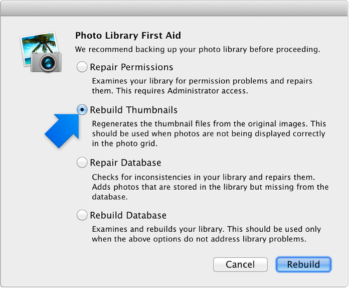 Image of Rebuild Photo Library window