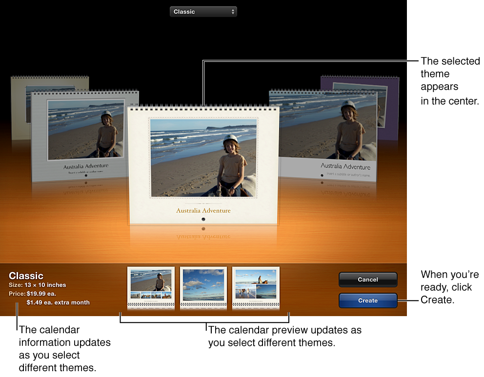 Image of the window, showing calendar themes and other options