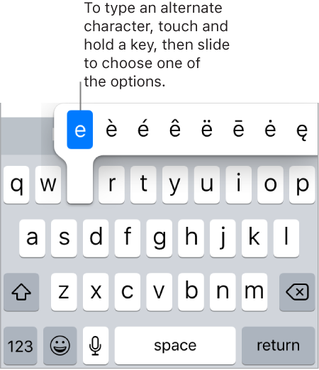 Screen showing the alternate characters for the “e” key.