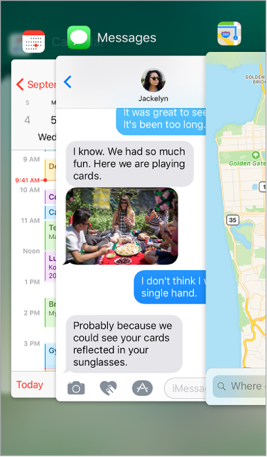 The app switcher display showing open apps. At the top are the app icons, with the current screen for each app below its icon.