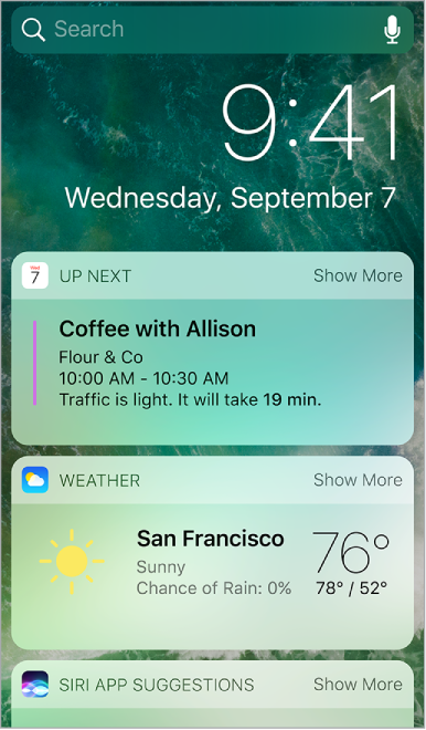 Today View showing Up Next, Weather, and Siri App Suggestions widgets.