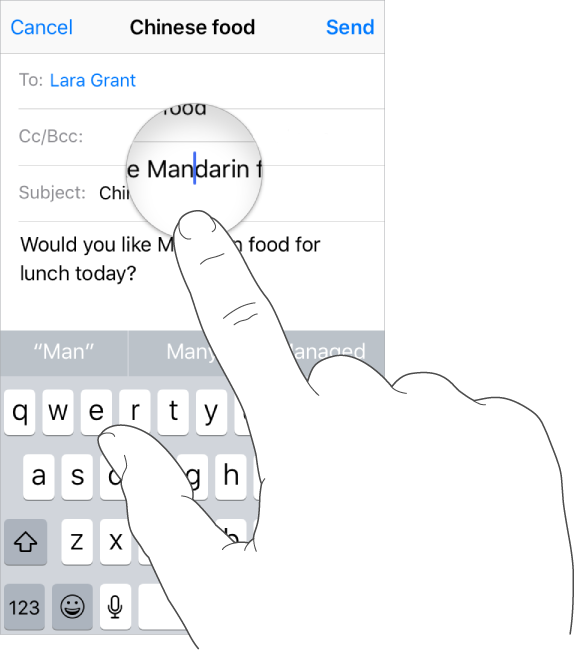A finger touching the screen to get a magnified view of text and the insertion point.