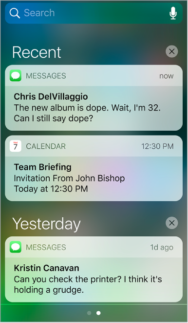 Today view of Notification Center showing the date, traffic conditions, and the day’s events.