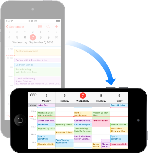In the background, iPod touch is in portrait orientation showing Calendar in day view; in the foreground, it’s rotated to landscape orientation showing Calendar in week view.