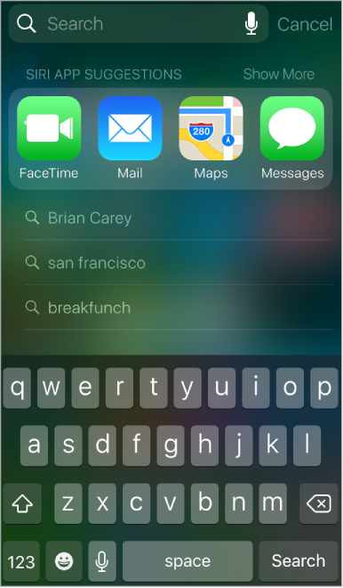 The Search screen showing Siri suggestions.