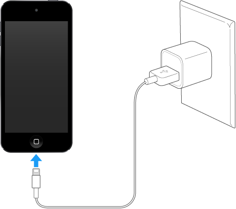 iPod touch connected to the power adapter plugged into a power outlet.