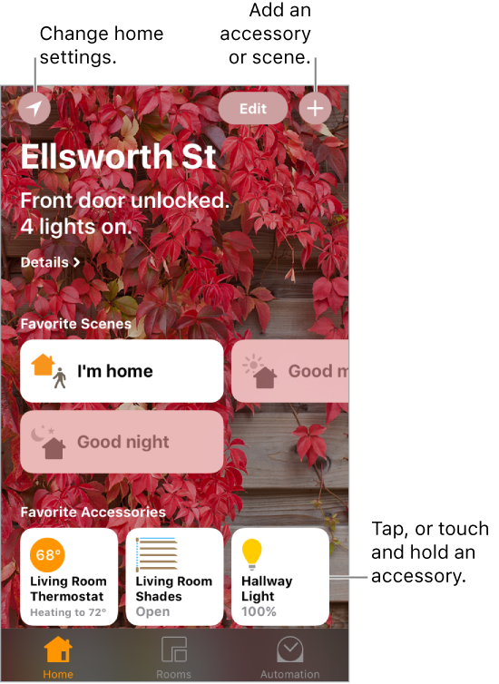The home tab, showing scenes and accessories that have been marked as favorites. A summary of the home’s status is also shown. Other tabs across the bottom are Rooms and Automation.