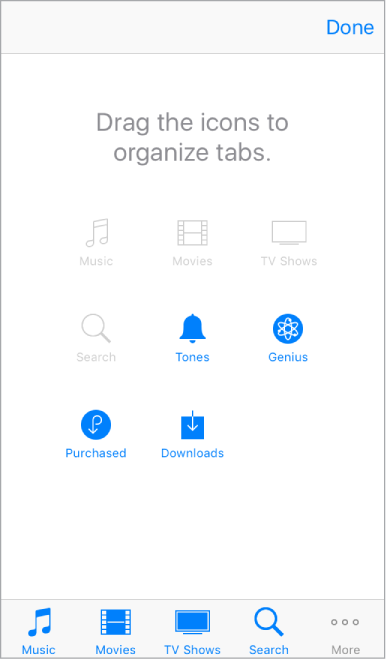 The edit screen for organizing tabs, with blue icons that can be dragged to the tabs at the bottom of the screen for easy access.