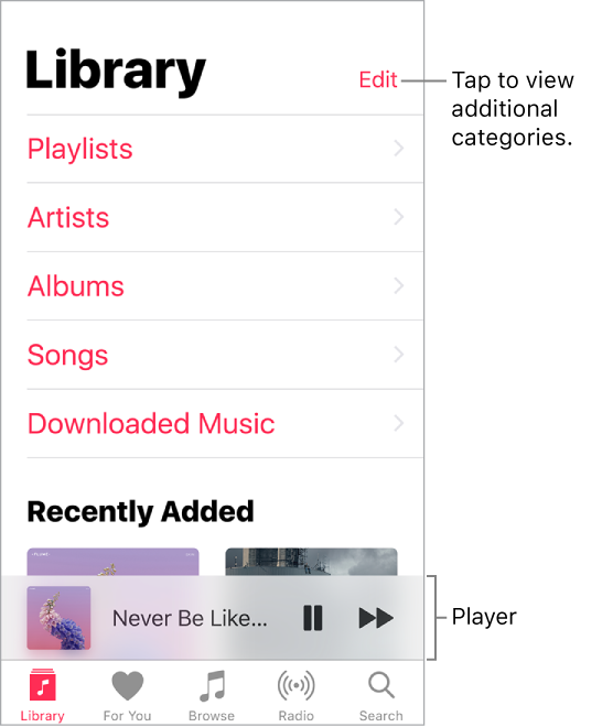 The Library screen showing a list of categories including Playlists, Artists, Albums, Songs, and Downloaded Music. The Recently Added heading appears below the list. The player showing the title of the playing song and the Pause and Next buttons appear near the bottom