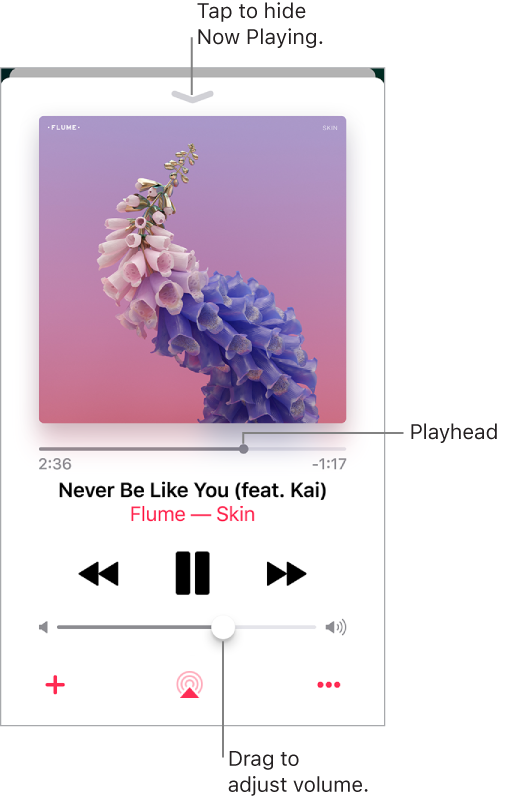 The Now Playing screen showing the album art. Below are the playhead, song title, artist and album name, play controls, Volume slider, Add button, Playback Destination button, and More button. The Hide Now Playing button is at the top