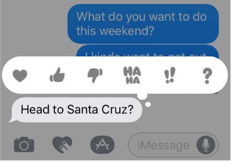 A message bubble with the tapback choices showing above it.