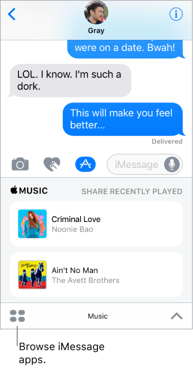 A Messages conversation with the app drawer at the bottom showing iMessage apps. The App Browser button is at the bottom left.