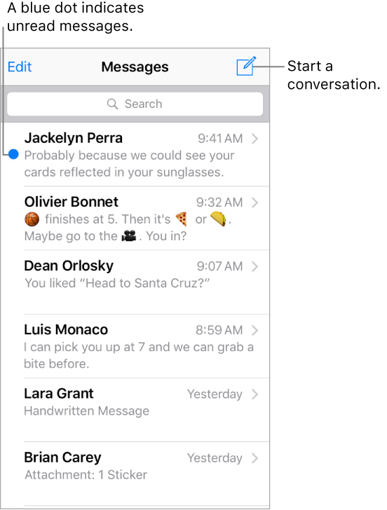 The Messages list, with the Edit button at the top left, and the Compose button at the top right. The search field is below the title bar. A blue dot to the left of a message indicates it’s unread.