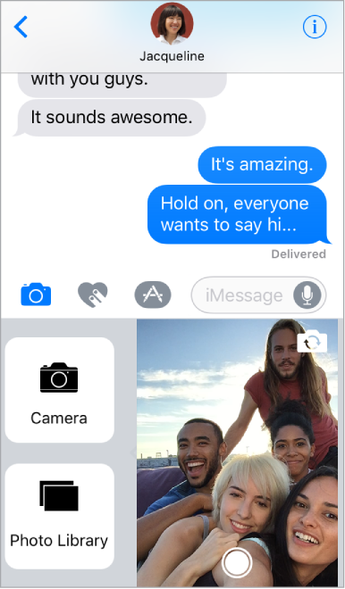 A conversation window with an overlay at the bottom showing the controls for adding photos. The Camera and Photo Library buttons are at the bottom left. The viewfinder window with the Shutter button is at the bottom right.